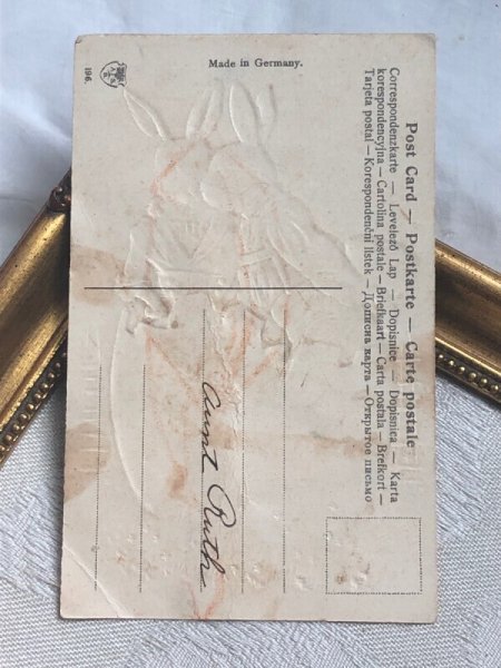 画像5: Postcard アンティークポストカード イースター  大きな卵の中で愛をささやくウサギさん (5)