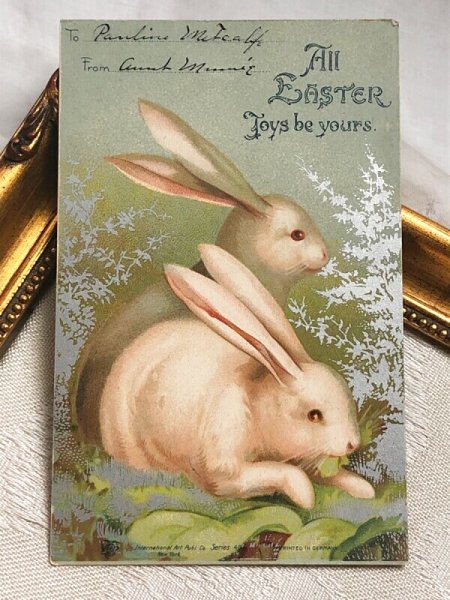 画像2: Postcard アンティークポストカード イースター  二羽の白ウサギさん Ellen Clapsaddle ? (2)