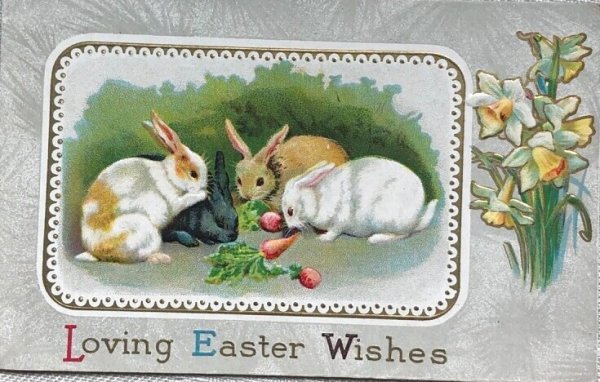 画像1: Postcard　アンティークポストカード　イースター　ウサギたち　スイセン　Ellen Clapsaddle (未使用) (1)