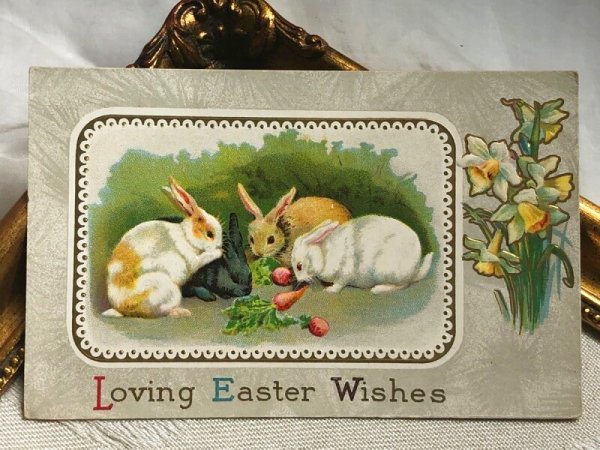 画像2: Postcard アンティークポストカード イースター ウサギたち スイセン Ellen Clapsaddle (未使用) (2)