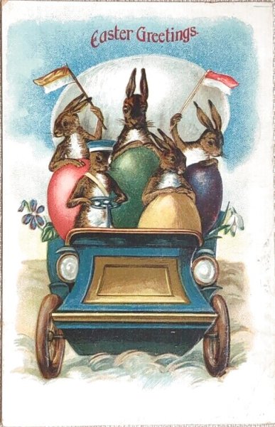 画像1: Postcard　アンティークポストカード　イースター  自動車に乗るウサギさんと卵　1907年 (1)