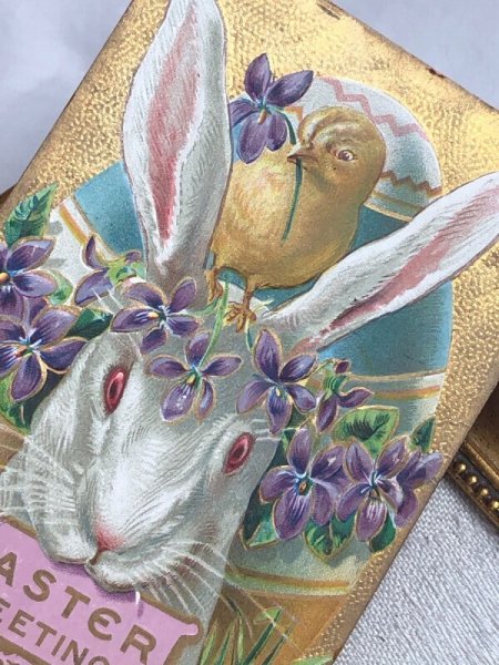画像3: Postcard アンティークポストカード イースター  ウサギとヒヨコ スミレ  (3)