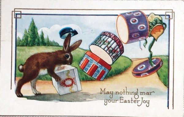 画像1: Postcard　アンティークポストカード　イースター  帽子箱を落とすウサギさん (1)