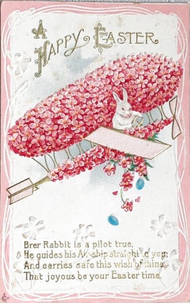 画像1: Postcard　アンティークポストカード　イースター  ウサギさんの飛行機　プリムローズ (1)