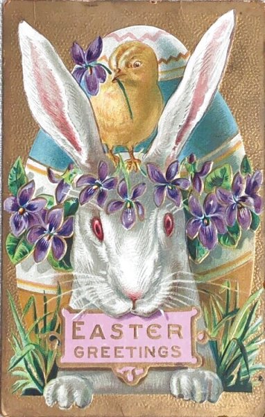 画像1: Postcard　アンティークポストカード　イースター 　ウサギとヒヨコ　スミレ　 (1)