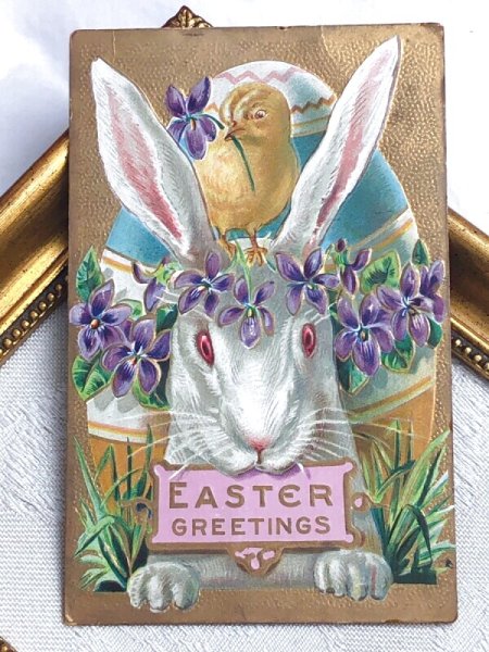 画像2: Postcard アンティークポストカード イースター  ウサギとヒヨコ スミレ  (2)