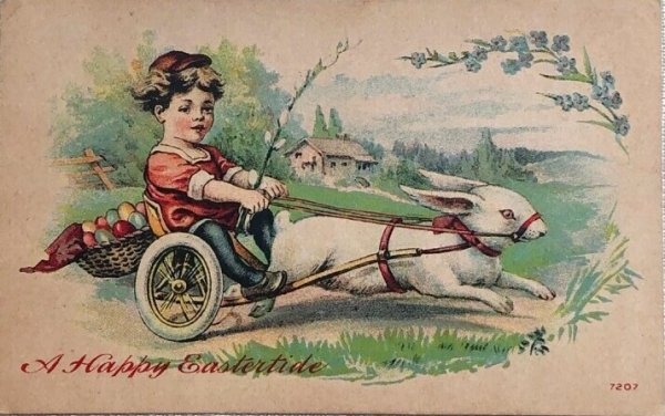 画像1: Postcard　アンティークポストカード　イースター  ウサギ車で卵を運ぶ子ども　1912年 (1)