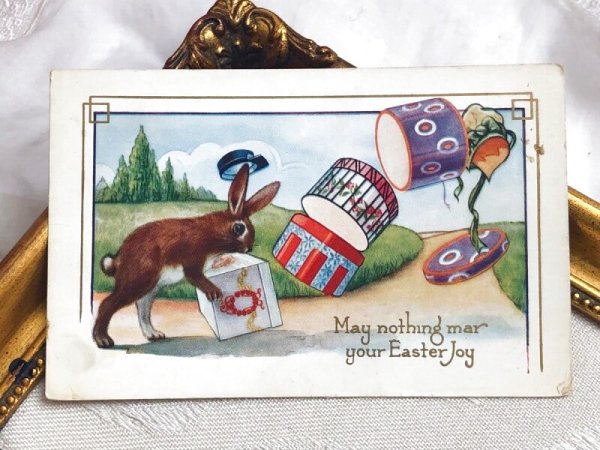 画像2: Postcard アンティークポストカード イースター  帽子箱を運ぶウサギさん  (2)