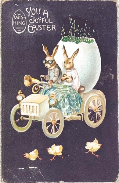 画像1: Postcard　アンティークポストカード　イースター  自動車に乗るウサギさん　1911年 (1)