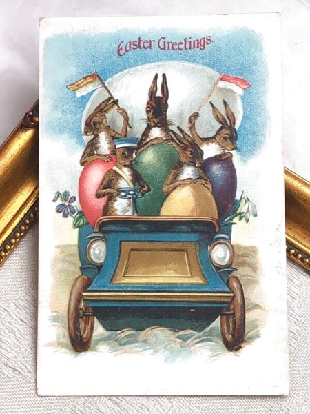 画像2: Postcard アンティークポストカード イースター  自動車に乗るウサギさんと卵 1907年 (2)