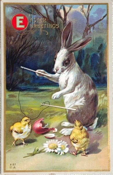 画像1: Postcard　アンティークポストカード　イースター  ジャグリング道具とウサギさん　ヒヨコ　ディアボロ(Diabolo)　 (1)