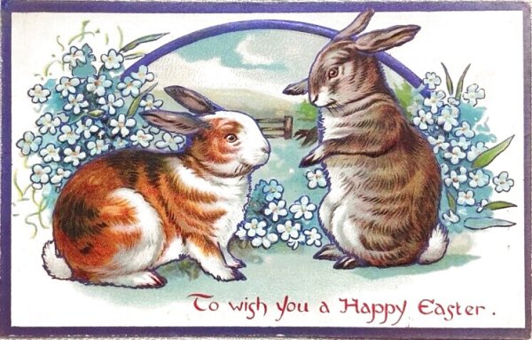 画像1: Postcard　アンティークポストカード　イースター 　ウサギさんと忘れな草のお花 (1)
