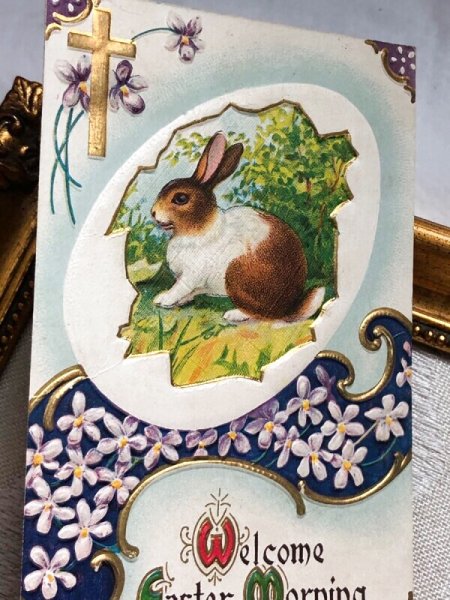 画像3: Postcard アンティークポストカード イースター  ウサギとスミレのお花 1915年 (3)