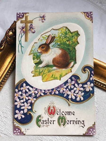 画像2: Postcard アンティークポストカード イースター  ウサギとスミレのお花 1915年 (2)