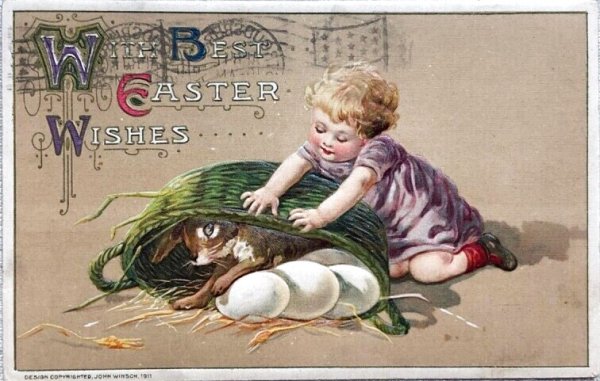 画像1: Postcard　アンティークポストカード　イースター 　女の子とバスケットの中のウサギさん　John Winsch (1)