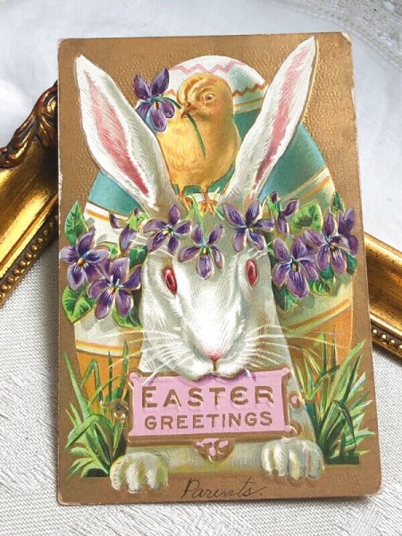 画像2: Postcard アンティークポストカード イースター  ウサギとヒヨコ スミレ  (2)