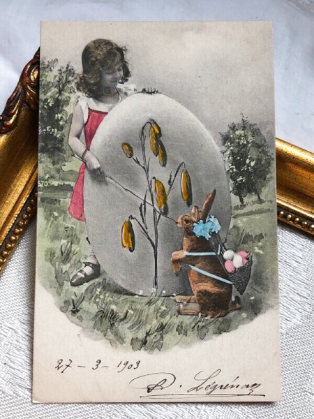 画像2: Postcard アンティークポストカード イースター  ウサギさんと女の子 大きな卵 フランス1903年 (2)