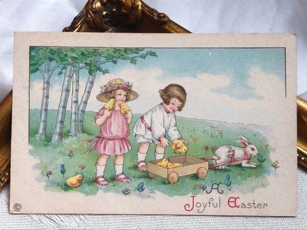 画像2: Postcard アンティークポストカード イースター  ウサギ車にヒヨコさんを入れる子どもたち (2)