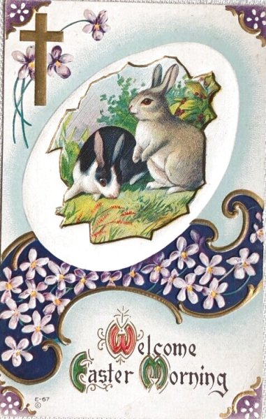 画像1: Postcard　アンティークポストカード　イースター 　ウサギとスミレのお花　（未使用） (1)
