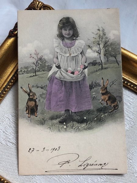 画像2: Postcard アンティークポストカード イースター  ウサギさんと女の子 卵 フランス1903年 (2)