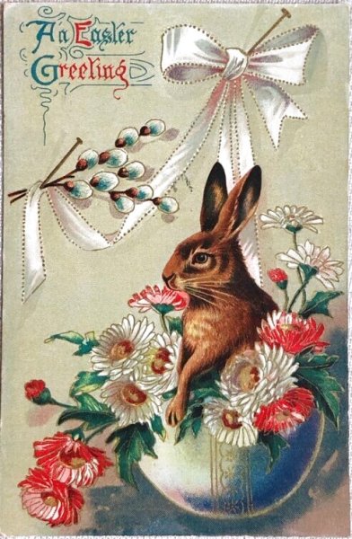 画像1: Postcard　アンティークポストカード　イースター 　卵とウサギさん　1913年 (1)