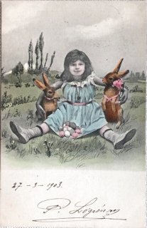 アンティークポストカード　イースターのウサギとお揃いワンピの可愛い少女たち Snowdrop Postcards アンティークポストカード専門店