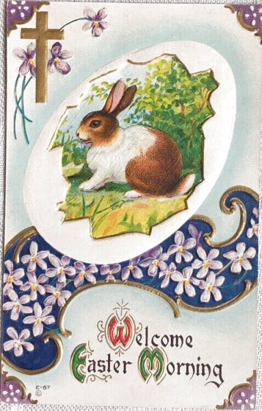 画像1: Postcard　アンティークポストカード　イースター 　ウサギとスミレのお花　1915年 (1)
