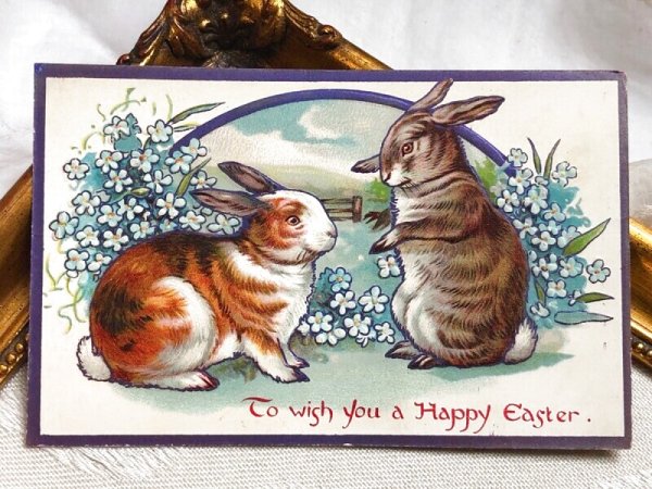 画像2: Postcard アンティークポストカード イースター  ウサギさんと忘れな草のお花 (2)