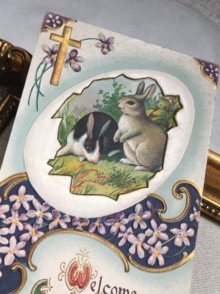 画像3: Postcard アンティークポストカード イースター  ウサギとスミレのお花 (未使用) (3)