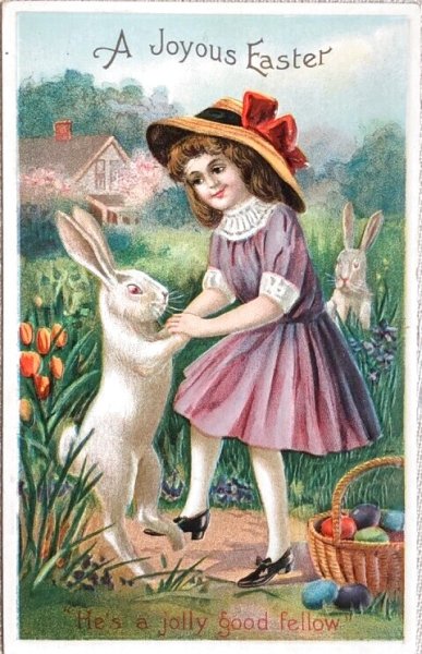 画像1: Postcard　アンティークポストカード　イースター 　ウサギとダンスをする女の子　 (1)