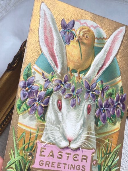 画像3: Postcard アンティークポストカード イースター  ウサギとヒヨコ スミレ  (3)