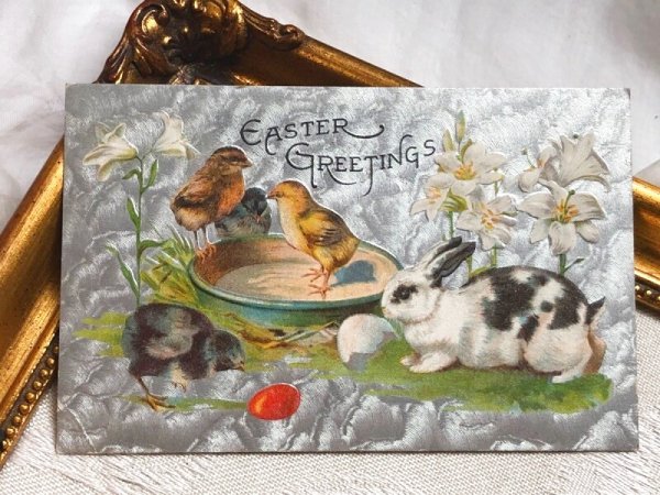 画像2: Postcard アンティークポストカード イースター  ウサギとヒヨコ 白百合のお花  (2)