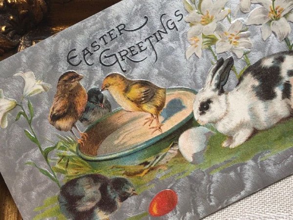 画像3: Postcard アンティークポストカード イースター  ウサギとヒヨコ 白百合のお花  (3)