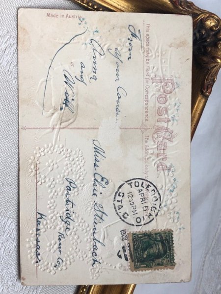 画像5: Postcard アンティークポストカード イースター  羊車でお出かけするウサギさんとヒヨコさん シルク貼り 1908年 (5)