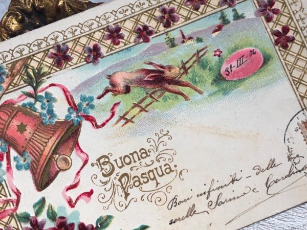 画像3: Postcard アンティークポストカード イースター  柵を飛び越えるウサギさん イタリア1904年 (3)