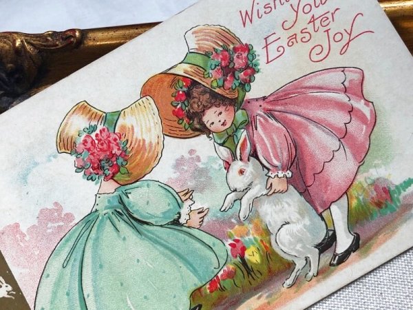 画像4: Postcard アンティークポストカード イースター  ウサギさんと帽子の女の子たち 1912年 (4)