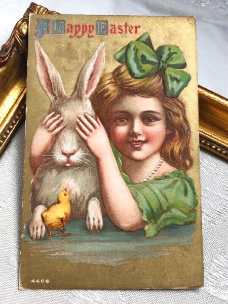 画像2: Postcard アンティークポストカード イースター  目隠しされるウサギさんと女の子 ヒヨコ (2)