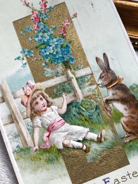 画像3: Postcard アンティークポストカード イースター  ウサギさんと女の子 1911年 (3)