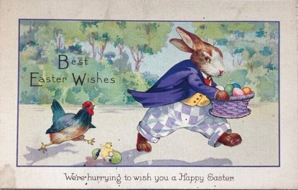 画像1: Postcard　アンティークポストカード　イースター 　卵を持ち出すウサギさんを追いかけるニワトリ　 (1)