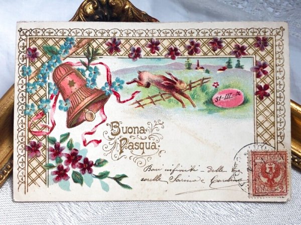画像2: Postcard アンティークポストカード イースター  柵を飛び越えるウサギさん イタリア1904年 (2)