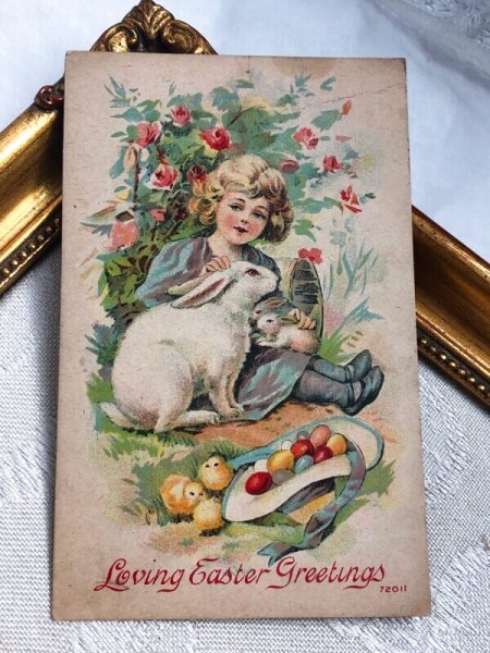 画像2: Postcard アンティークポストカード イースター  ウサギさんと女の子 (2)