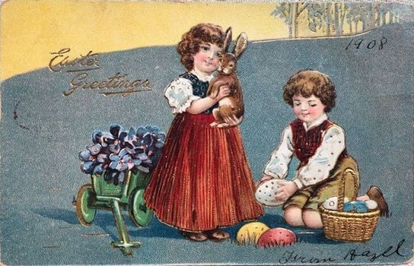 画像1: Postcard　アンティークポストカード　イースター 　ウサギさんと子どもたち　卵　1908年 (1)