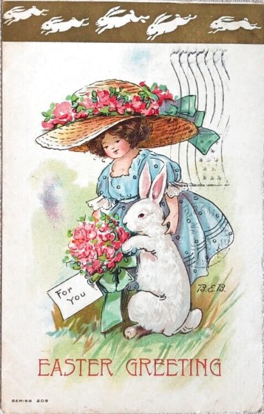 画像1: Postcard　アンティークポストカード　イースター 　ウサギさんと帽子の女の子　1914年 (1)