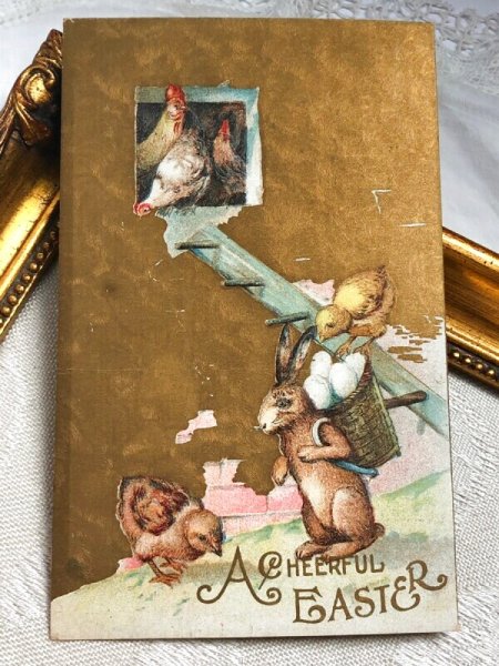 画像2: Postcard アンティークポストカード イースター  卵を持ち出すウサギさん ニワトリ ヒヨコ 1911年 (2)