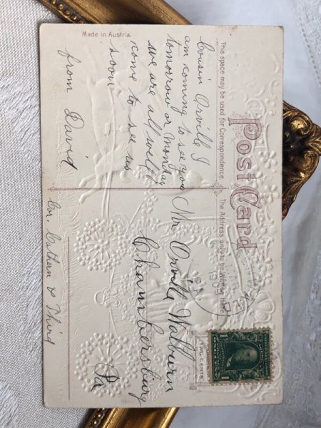 画像4: Postcard アンティークポストカード イースター  ウサギ車と天使 シルク布貼り (4)