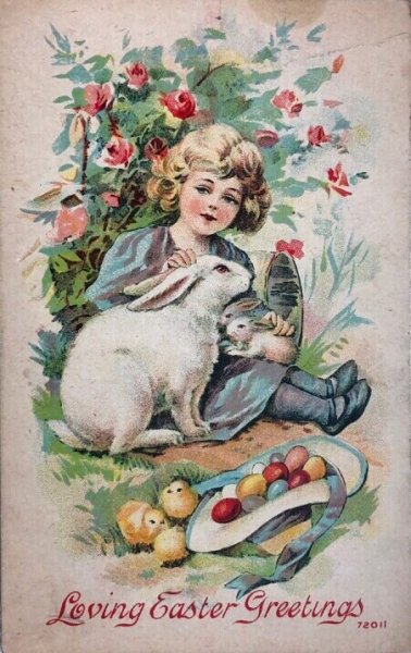 画像1: Postcard　アンティークポストカード　イースター 　ウサギさんと女の子 (1)
