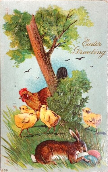 画像1: Postcard　アンティークポストカード　イースター 　卵を盗むウサギさんを見張るニワトリの家族　ヒヨコ　1910年 (1)