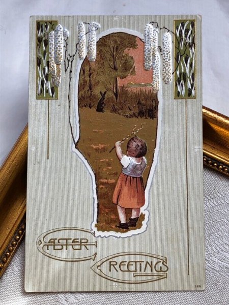 画像2: Postcard アンティークポストカード イースター  ウサギさんと女の子 1910年 (2)