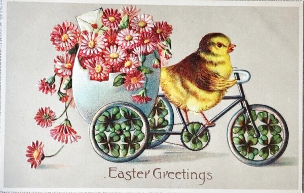 画像1: Postcard  アンティークポストカード　イースター　自転車に乗るヒヨコさん　（未使用） (1)