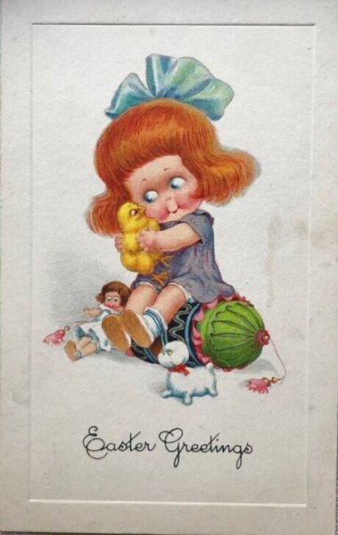画像1: Postcard　アンティークポストカード　イースター　女の子とヒヨコ　玩具　犬　 (1)